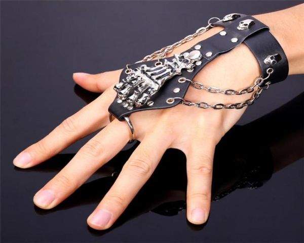 

men039s platinum plated cool skeleton ring bracelet set genuine leather punk style slave bracelet7188059, Silver
