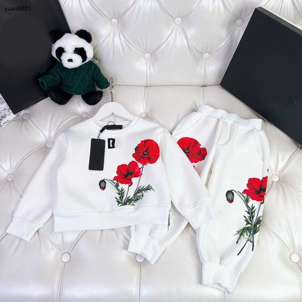 

2023 kids tracksuits fashion autumn suit for girl size 90-150 cm 2pcs red flower green leaf pattern cotton sweater and casual pants sep01, White