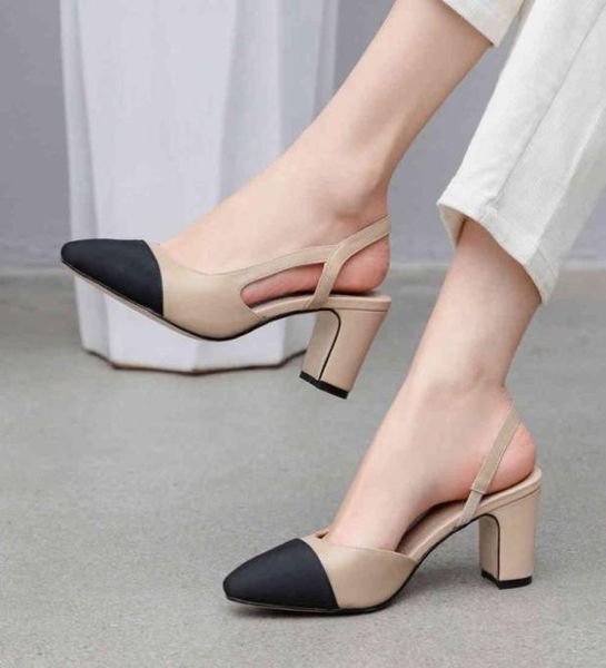 

women slingbacks shoes high heels natural genuine leather thick heel cow mixed colors pumps ladies 43 2105175167061, Black