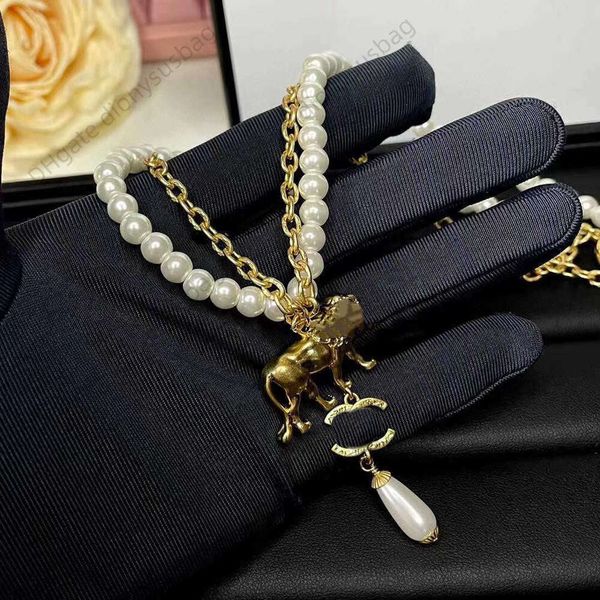 

designer jewelry necklace small fragrance necklace xiangjia new style lion double layer pearl fashion versatile pendant collar chain, Black