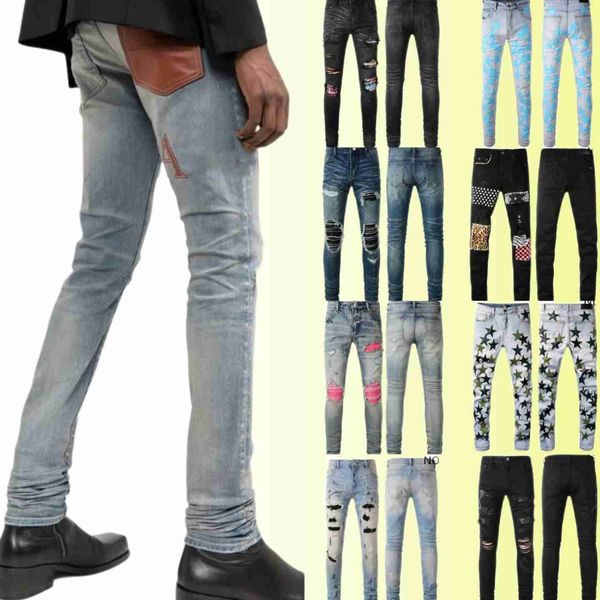 

ripped jeans miri jeans men's designer knee skinny straight size 28-40 motorcycle trendy long hole high street denim, Blue
