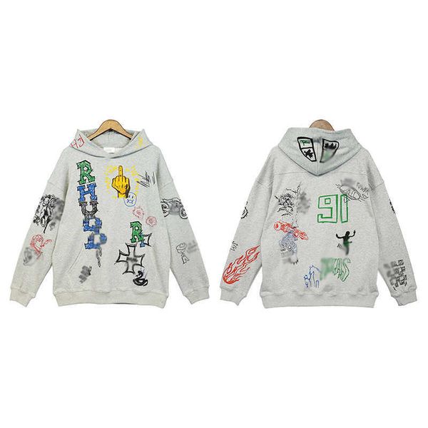 

rhude versatile gray sweet cool new casual hand-painted graffiti high street men's and women's hoodie fashion autumn and winter, Black