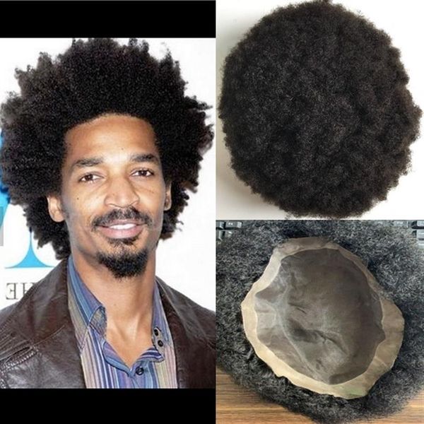 

afro wave wig african american kinky curl mono pu toupee full lace unit indian virgin human male hair replacement for men232t, Black