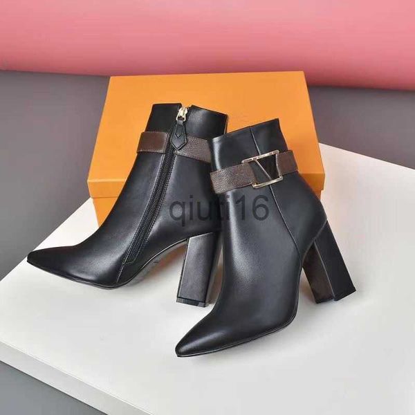 

dress shoes classic designer woman boots cowhide zipper metal buckle ankle boot 100 leather lady high heels autumn winter thick heel women s, Black