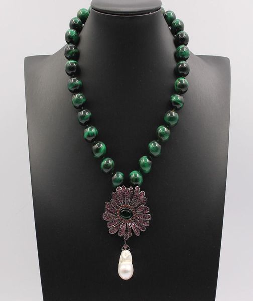 

guaiguai jewelry 18quot 14mm green tiger eye round necklace white keshi pearl cz gunmetal gold plated flower pendant necklace fo7350675, Silver