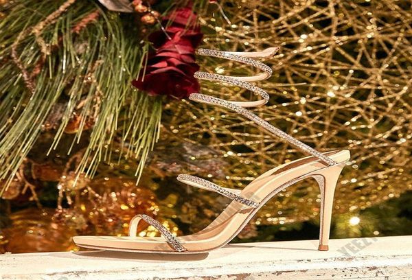 

2021 8cm 10cm stiletto high heel rene caovilla crystal karung rose gold snakelike twining rhinestone sandals women9280851, Black