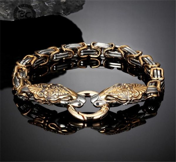 

never fade viking dragon head bracelets men gold stainless steel king chain wristband nordic amulet punk male jewelry gift 2202225209234, Golden;silver
