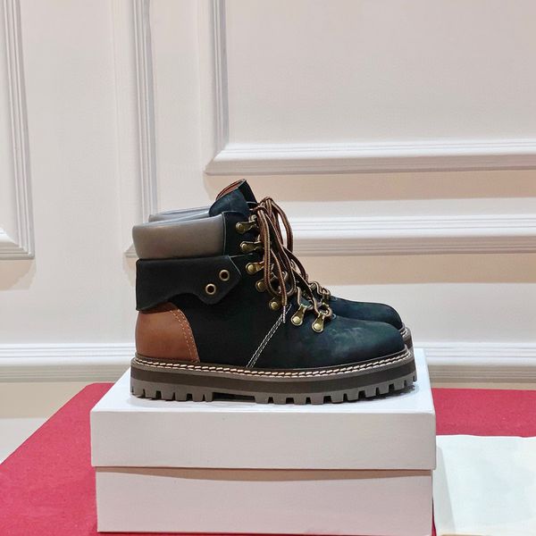

eileen leather-trimmed nubuck ankle hiking boots women's shoes chunky rubber soles round toe luxury designer climbing shoe lace-up shoe, Black