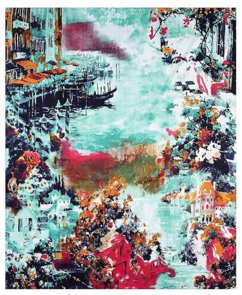 

scarves 130130cm oil painting house ship silk scarf women square style tassel lady spring fashion female2062999, Blue;gray