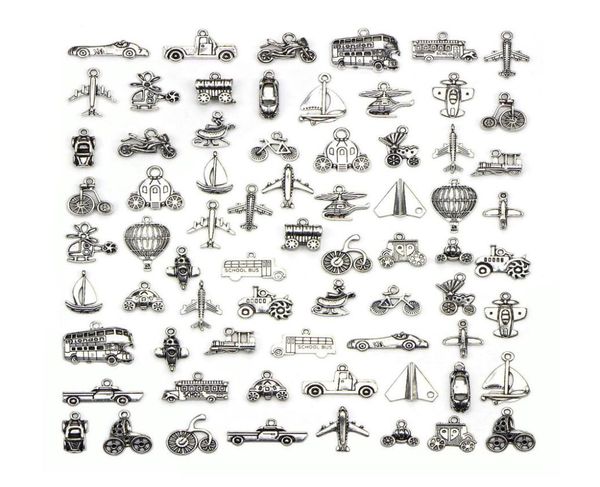 

mixed 70 designs retro silver color traffic transportation pendant fitting vehicle ship aircraft charms diy jewelry accessories 708840533, Black