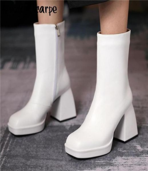 

real leather ankle boots short black white shoes winter ladies platform boots chunky high heel botas mujer zipper heel shoes new231061996