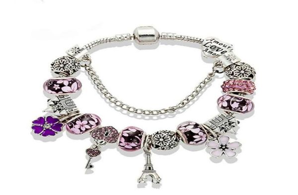 

new charm bracelet 925 silver bracelets castle beads eiffel tower pendant bangle for gift diy jewelry accessories with box5601412, Golden;silver
