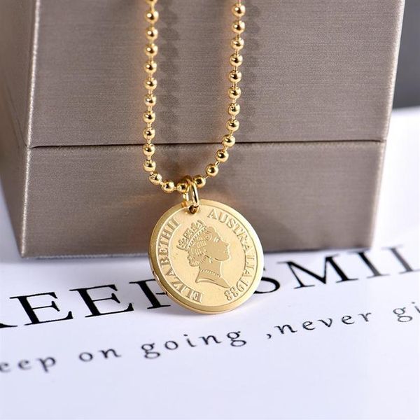 

pendant necklaces round medal queen coin titanium steel double chains women necklace clavicle chain girls long sweater275j, Silver