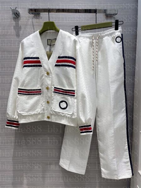 

24 women's two piece pants rib panel pocket v-neck jacket coat american academy retro sport set 905, White