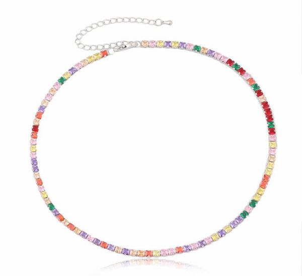 

pendant necklaces 2021 gold color rainbow cz paved square crystal colorful zirconia tennis chain choker necklace fashion jewelry c8334865, Silver