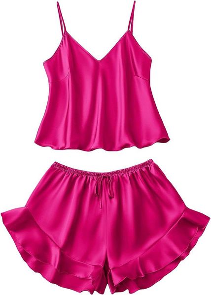 

pyjamas soly hux women's silk ruffled nightwear set with ribbon short shorts set nightwearlf230908, Red;black