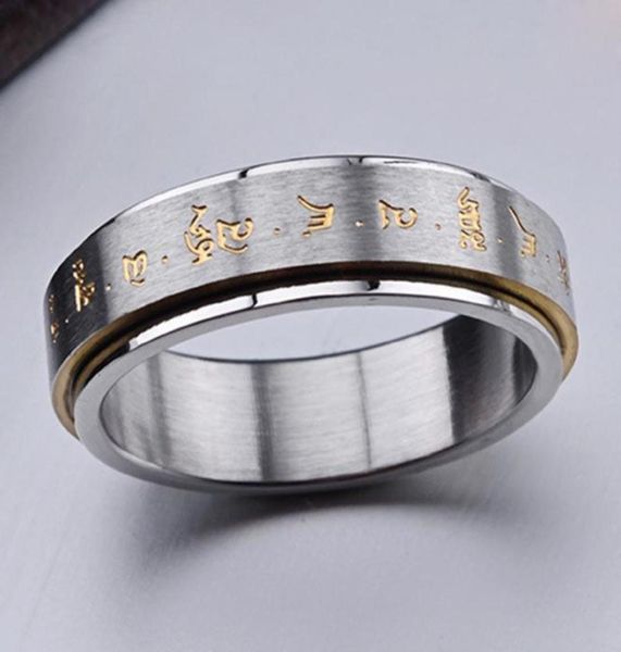 

fashion men buddha rotation spinning mantra letter ring titanium steel fine jewelry gift ll17 cluster rings8024138, Golden;silver