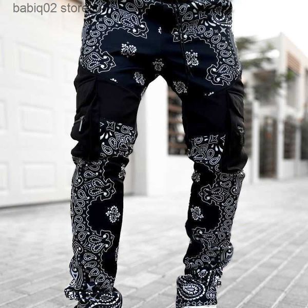 

men's jeans men's sports and fitness harem pants new multi-bag overalls casual men's loose slim high street fashion retro lac, Blue