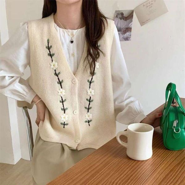 

spring and womens vests autumn folded retract embroidered handmade flower outfit design v neck knitted cardigan, Black;white