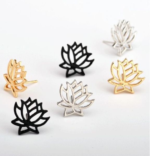 

boutique women lotus stud earrings flower ear studs stainless steel jewelry gold silver black9150262, Golden;silver