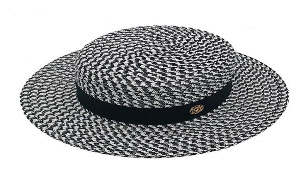 

highgrade summer black white plaid wide brim flat boater hat spring women grass braid sun hat party wedding formal cap6254454, Blue;gray