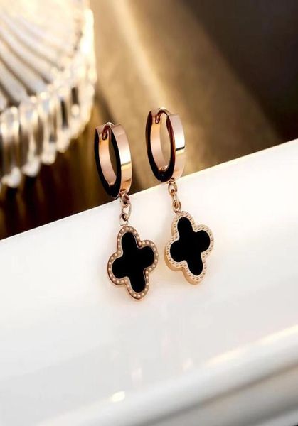 

korean style clover dangle earring rose gold titanium steel huggie earrings jewelry for women7055162, Silver