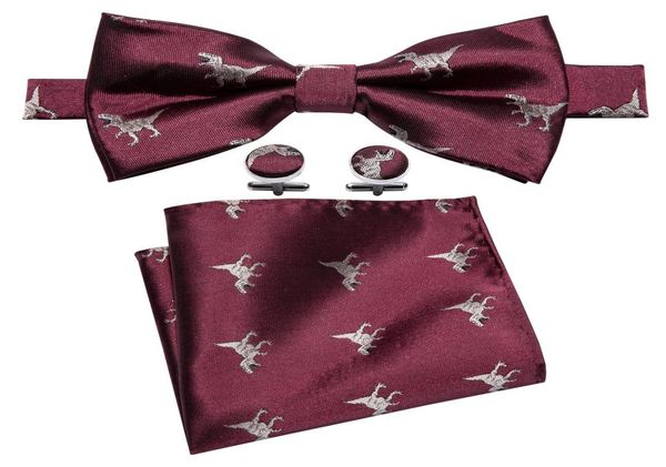 

burgundy silk bow tie with white little dinosaur pattern designer handkerchief cufflinks luxury fashion wedding business party lh2733582, Black;gray