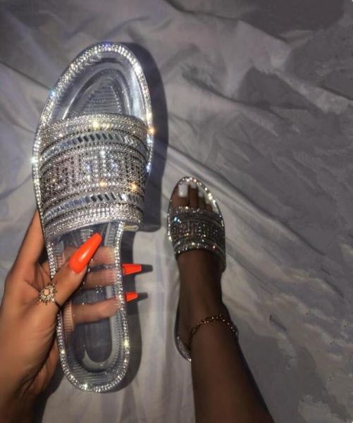 

2022 women new round head home flat slippers diamond sequins word jelly transparent color casual home sandalsslippers y2208185685248, Black