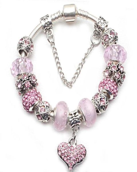 

fashion pink crystal love heart charm bracelet for women european diy beads bracelets bangles as lover couples gifts pulseira19565028, Golden;silver