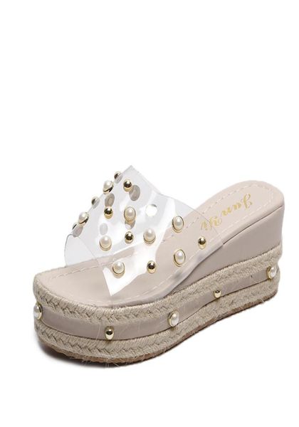 

fashion pearls wedges heel shoes women slipper sandals platform shoes woman sandalia transparente women039s sandals shoes2939426, Black