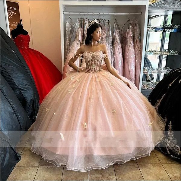 

2023 light pink quinceanera dresses handmade butterfliers applique beaded bow sweep train tulle custom made sweet 15 16 princess pageant bal, Blue;red