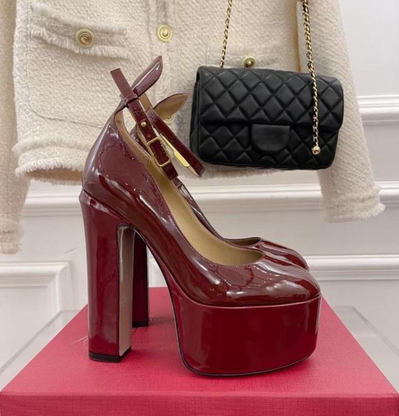 

tango platform pumps shoes cherry patent leather highheeled ankle strap chunky heels block heel 155mm round toe dress shoe women9455782, Black