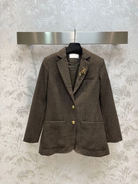 

2023 designer fashion vintage brooch blazer coat women notched long sleeve single breasted pocket elegant jacket, Black;brown