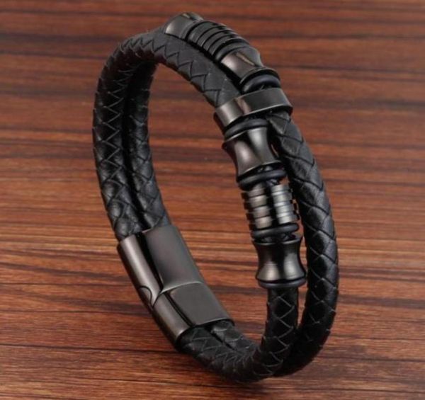 

charm bracelets fashion multilayer leather bracelet for men jewelry punk stainless steel bangle magnetic buckle black color27588536666327, Golden;silver