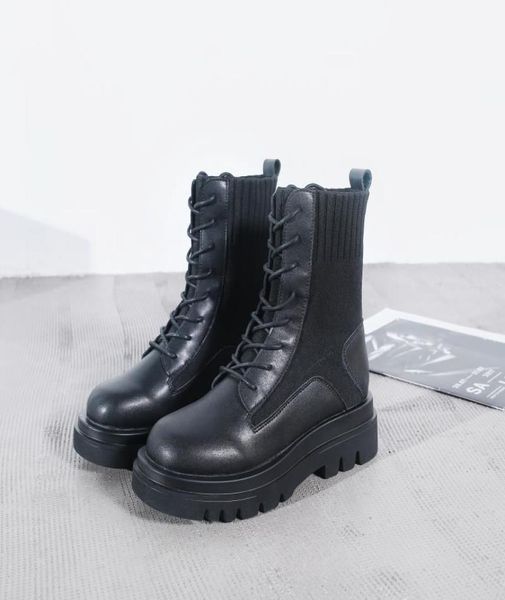 

patchwork boots cow leather knitting boots plus size western shoes thick bottom boot high boot z2573234602, Black