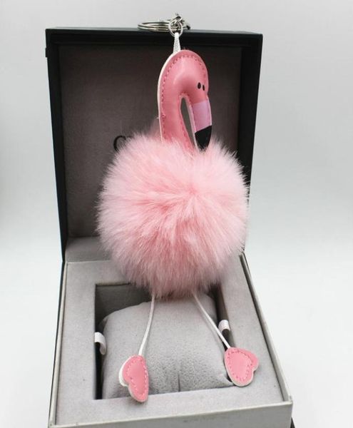 

sell flamingo pompom keychain lovely fluffy artificial rabbit fur ball key chain animal bird women car bag key ring6465090, Silver