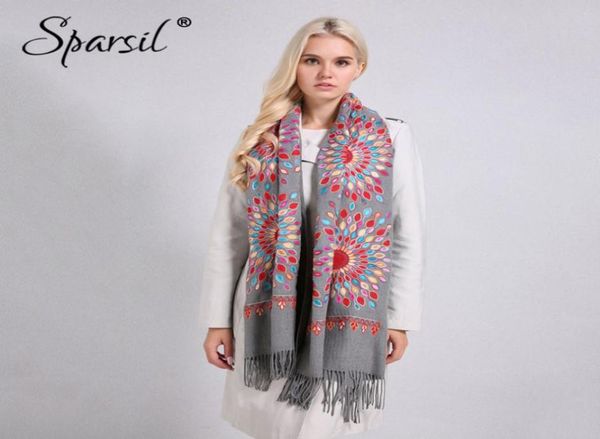 

sparsil women quality soft cashmere scarves sun flower embroidery warm long shawls winter knitted scarf all match pashmina wrap s16732861, Blue;gray