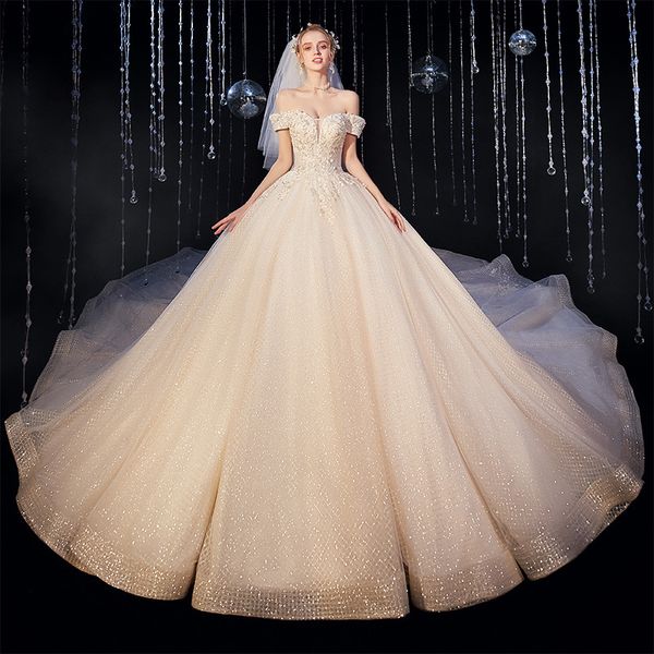 

2023 arabic crystal ball gown wedding dresses plus size bridal gowns sheer long off shoulder lace feathers luxury beach custom made sweep tr, White