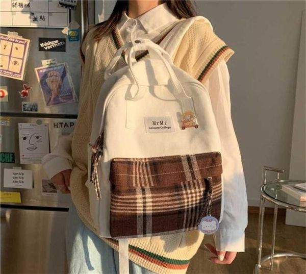 

female canvas backpacks for school teenagers girls small fresh plaid bag kawaii bookbag korean college mochilas 2110262666436