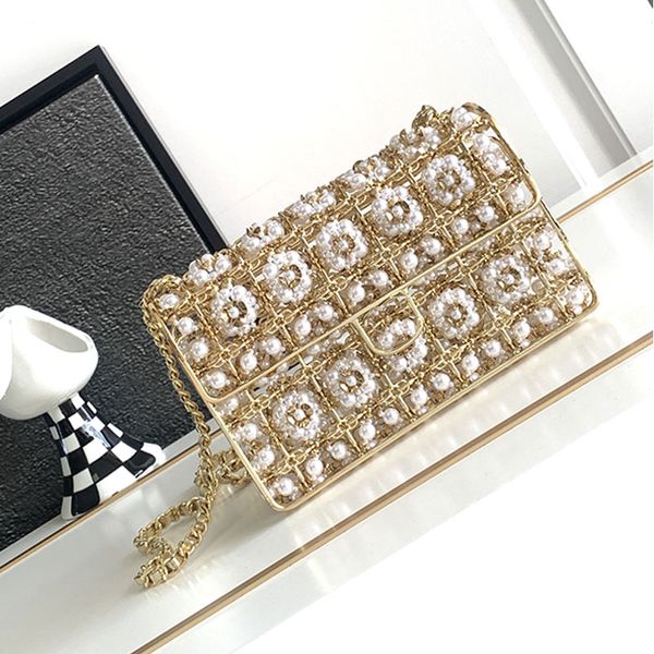

pearl metal dinner bag women flap messenger bags gold hardware buckle lady handbag purse hollowed out decoration 10a lady designer clutch