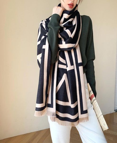 

koi leaping european and american style winter new wild scarf female stripe cashmere doublesided warm shawl scarf7701859, Blue;gray
