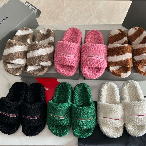 

fashion fur slides designer wool letters fuzzy girl slippers warm wool sandals luxury embroidery rubber shoes no468, Black