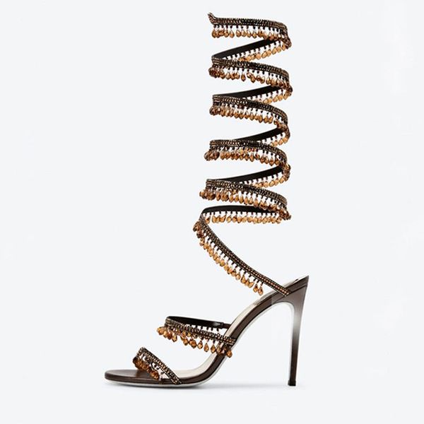 

rene caovilla crystal crystal chandelier sandals wraparound over knee-high tall stiletto heels sandal evening shoes women high heeled luxury, Black