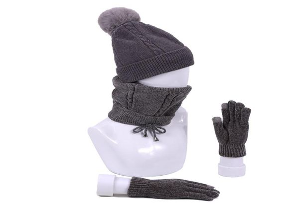 

winter accessories 3 pcs knitted hat scarf gloves set for women men warm ears knit skullies beanies with lining scarf gloves set5059416, Blue;gray