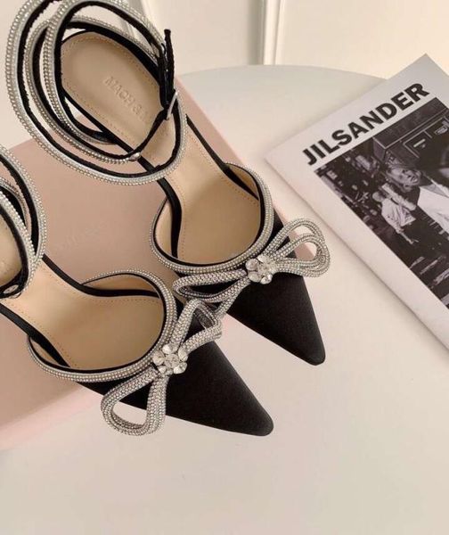 

pointy bow rhinestone high heeled shoes maiden feeling versatile new diamond satin ankle strap wrap sandals female4001449, Black