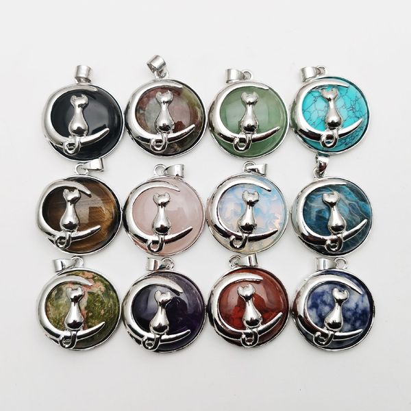 

charms fashion mixed natural stone removable cat alloy necklace pendant for jewelry making charm pendulum accessories 12pcs wholesale 230907, Bronze;silver