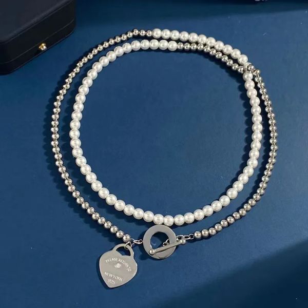 

fashion luxury necklace designer hardwear jewelry heart shape double-deck chains with pearl necklaces for women party rose gold platinum, Black