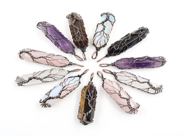 

retrotree of life wrapped crystal pillar charm round rose quartz healing blue white stones pendant diy jewelry making9523887, Bronze;silver