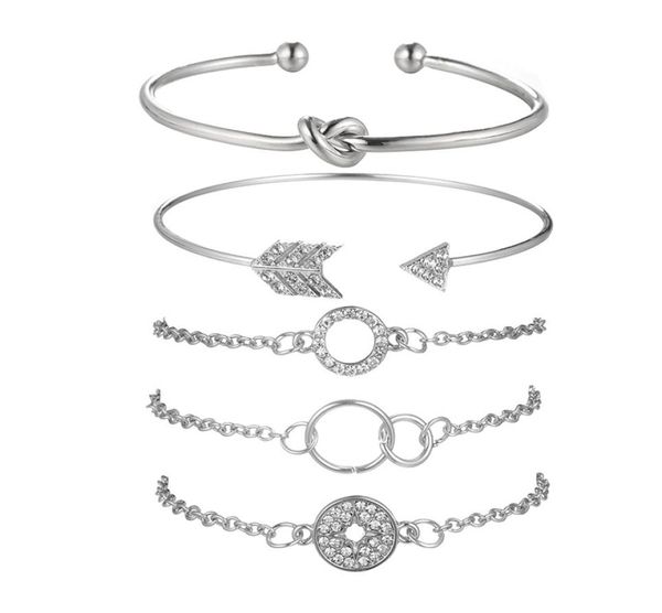 

5pcs round diamond knotted arrow open geometry chain bracelet adjustable cuff bracelet open line stackable surround bracelet set f2618577, Golden;silver