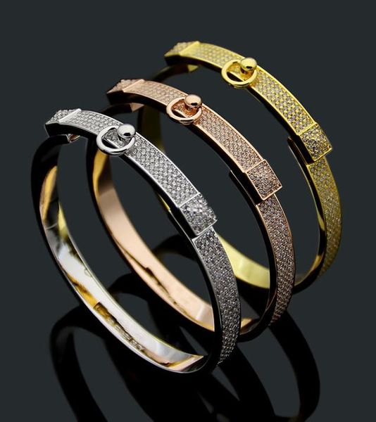 

europe america fashion style lady women titanium steel engraved h initials settings full diamond two rivet bangle bracelets 3 colo4715910, Black